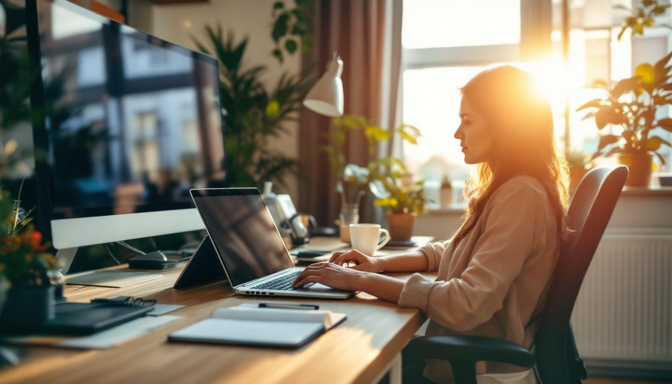 Bureau à domicile ergonomique avec ordinateur portable, plante verte et tasse de café pour bien travailler depuis chez soi.