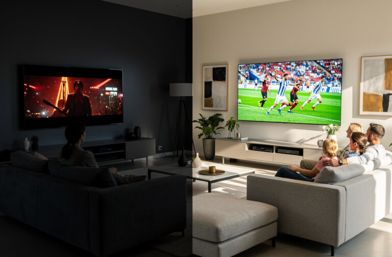 Le téléviseur OLED offre un contraste infini grâce à ses pixels auto-éclairants, parfait pour un espace de vie sombre où la qualité d’image prime. Sa technologie permet des noirs absolus et une fidélité chromatique exceptionnelle, idéale pour transformer votre salon en véritable salle de cinéma. L’harmonie entre la technologie OLED et un environnement à faible luminosité sublime chaque scène pour une immersion totale.