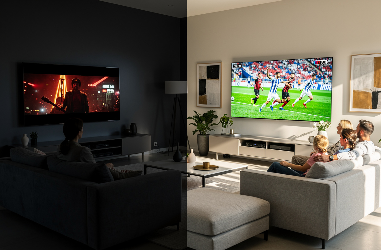 Le téléviseur OLED offre un contraste infini grâce à ses pixels auto-éclairants, parfait pour un espace de vie sombre où la qualité d’image prime. Sa technologie permet des noirs absolus et une fidélité chromatique exceptionnelle, idéale pour transformer votre salon en véritable salle de cinéma. L’harmonie entre la technologie OLED et un environnement à faible luminosité sublime chaque scène pour une immersion totale.