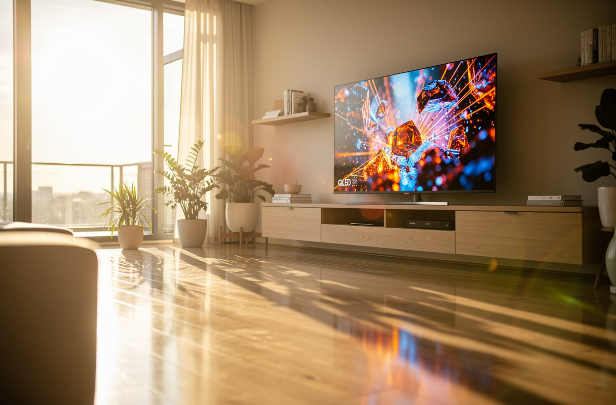 Les téléviseurs QLED, équipés d’un rétroéclairage LED puissant, brillent dans les espaces lumineux grâce à une luminosité maximale pouvant atteindre 1500 nits. Cette technologie convient parfaitement aux pièces ensoleillées, comme un séjour ou une véranda, où la clarté de l’image et la résistance au burn-in assurent une expérience visuelle durable et harmonieuse au sein de votre espace de vie.